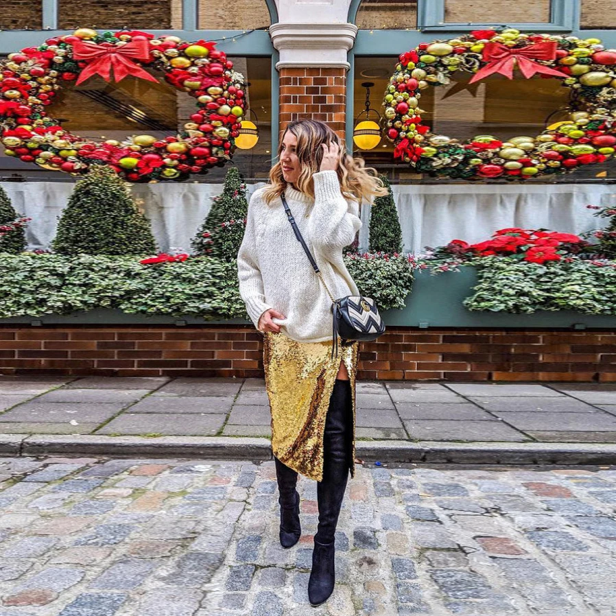 

Gothic Skirts Gold Sequin Slit Fashion Side Slit Skirt Faldas Women Skirts Bling Shiny Custom Saias