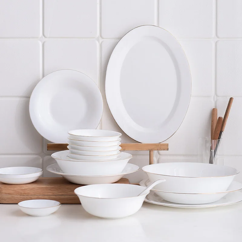 Белая обеденная тарелка набор посуды с золотым ободом фарфоровая миска для супа