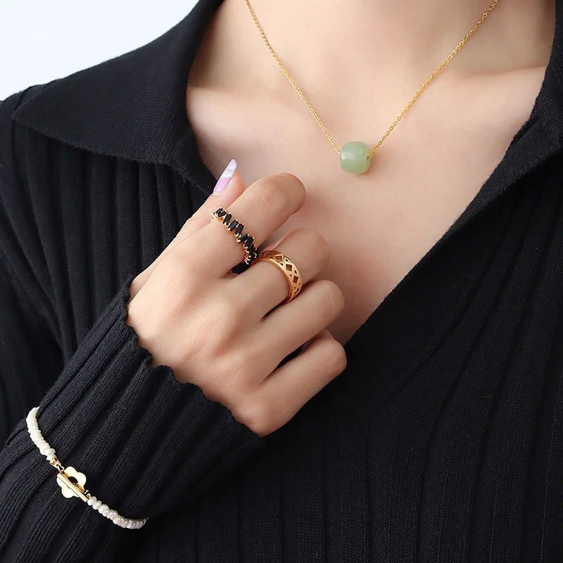 Vintage Green Stone Pendant Necklace Women Neck Chain Jewelry Gold Color Stainless Steel Necklaces Woman Bracelet Accessories | Украшения и