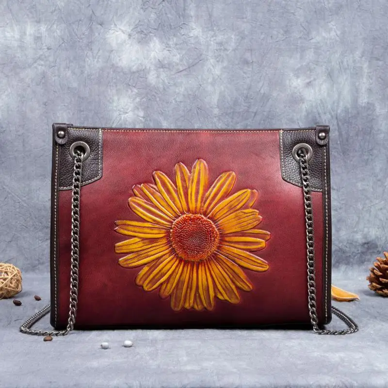 

Women Genuine Leather Shoulder Bag New Handmade Embossed Top-handle Bags Vintage Chinese Style Crossbody Bag Ladies