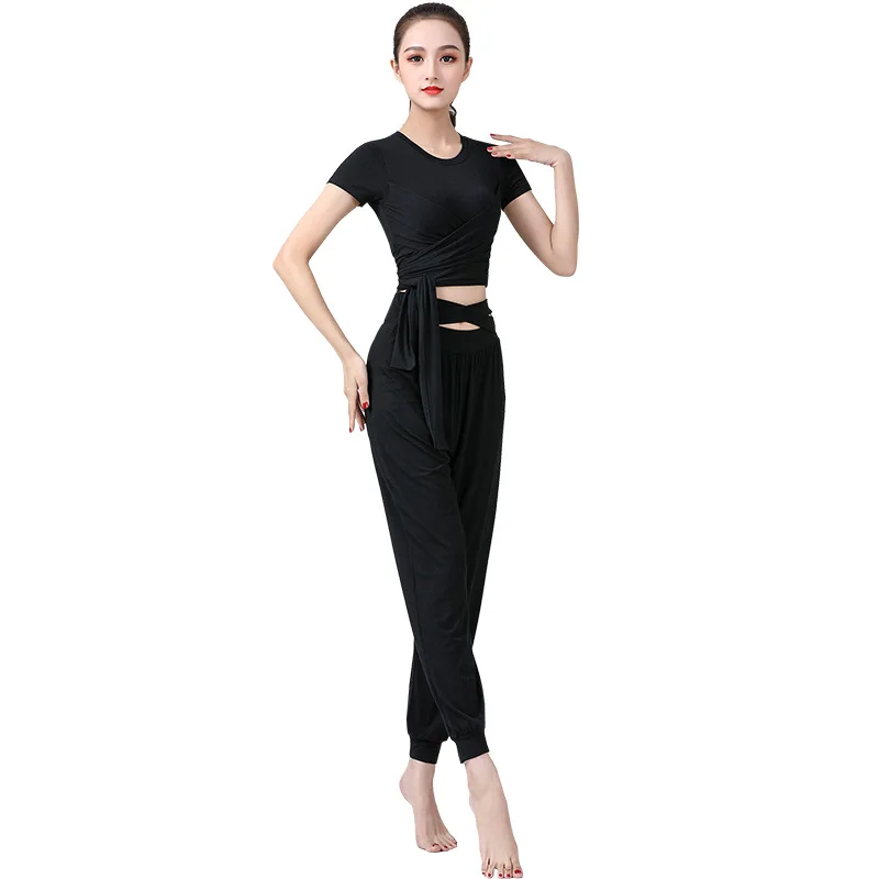 Женский костюм для латинских танцев черный топ + штаны сальса Самба