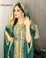 elegant muslim hunter long formal evening dress with cape appliques golden lace moroccan kaftan prom dresses party wear