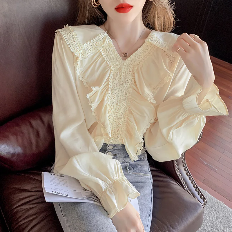 Женская шифоновая рубашка с оборками элегантная однотонная офисная блузка
