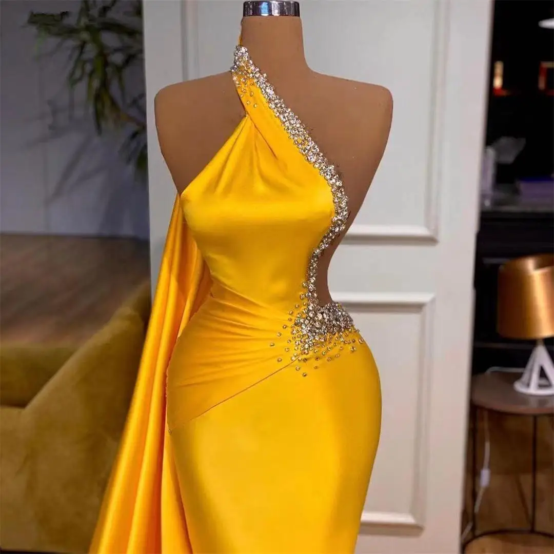 

Newest Gold Evening Dresses 2021 Mermaid Satin Formal Celebrity Dress For Women Luxury Crystals Pageant Gowns