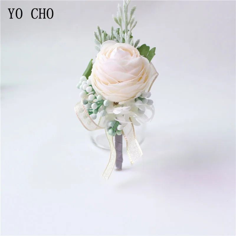 boutonniere-H YO CHO мужской корсаж Свадебный цветок на запястье шампанское бордовый шелковый цветок браслет Жених булавка для бутоньерки DIY Свадебные аксессуары - Цвет: boutonniere-H