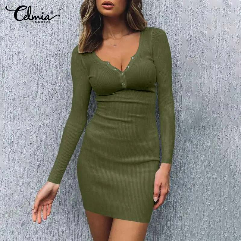 

Women 2021 Autumn Knitted Ribbed Tight-fit Mini Dress Celmia Fashion O-neck Button Sexy Sheath Vestidos Casual Long Sleeve Dress