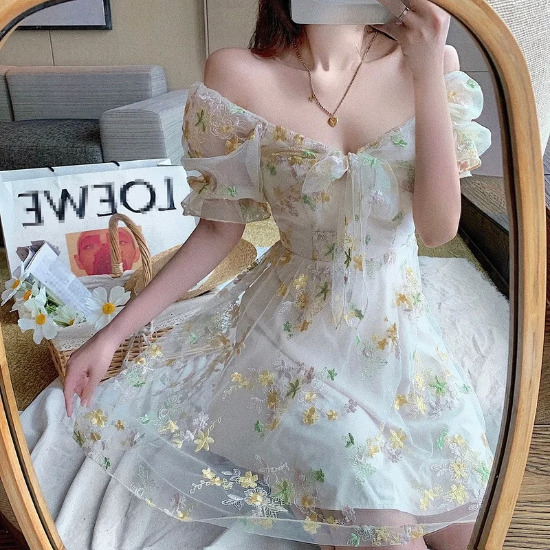 

Vintage Fairy Dress French Floral Dress Women Sexy Puff Sleeve Lace Chiffon Print Mini Dress Women Summer Korean Style New 2022