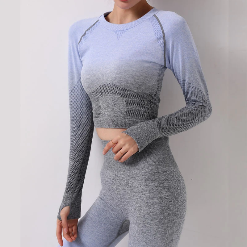 

SALSPOR Fitness Sets Women O-Neck Gradient Tops High Waist Buttocks Push Up Leggings Female Sets Elastic Force Workout Sets