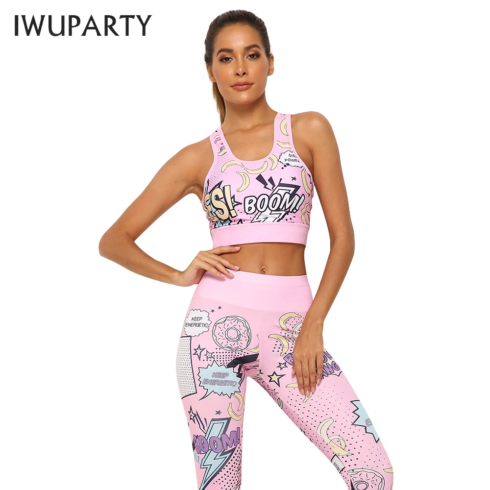 IWUPARTY комплект из 2 предметов с милым розовым принтом для йоги, женские комплекты для тренировок, тренажерного зала, спортивный укороченный топ, леггинсы, Женский костюм для бега