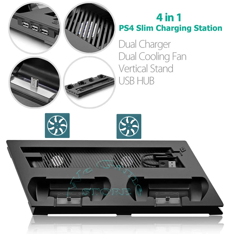 Вертикальная подставка для консоли PS4 Slim с охлаждающим вентилятором зарядным