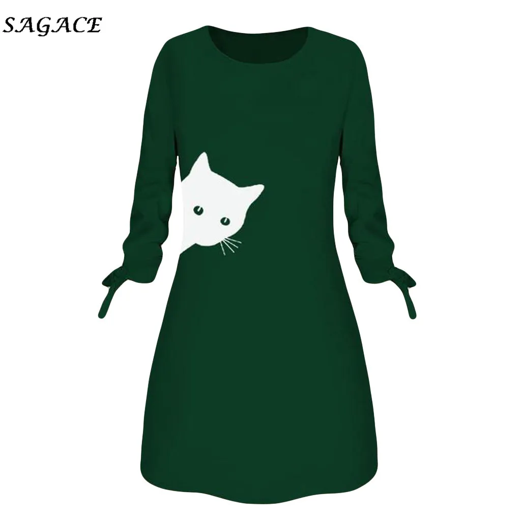 Женское платье Толстовка Sagace зимнее мини с круглым вырезом принтом кошки бантом