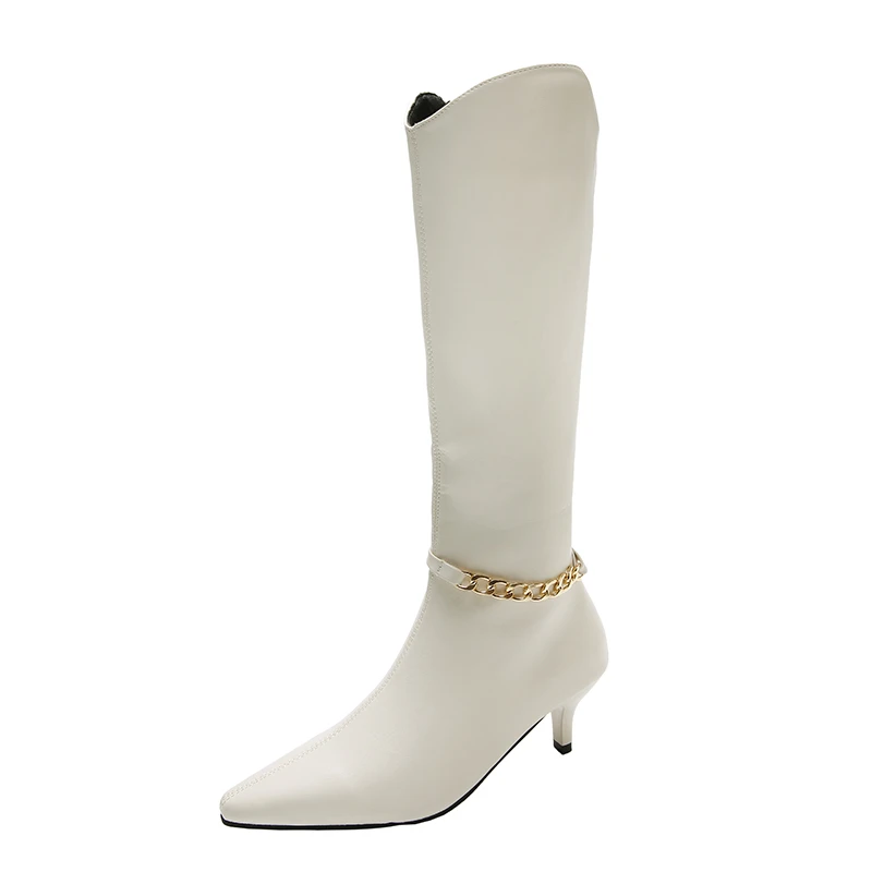 

2021 Autumn New Women's Over The Knee High-top Leather Boots Chain Stiletto Boots Pointed Zipper Sheepskin Boots Casual Boots