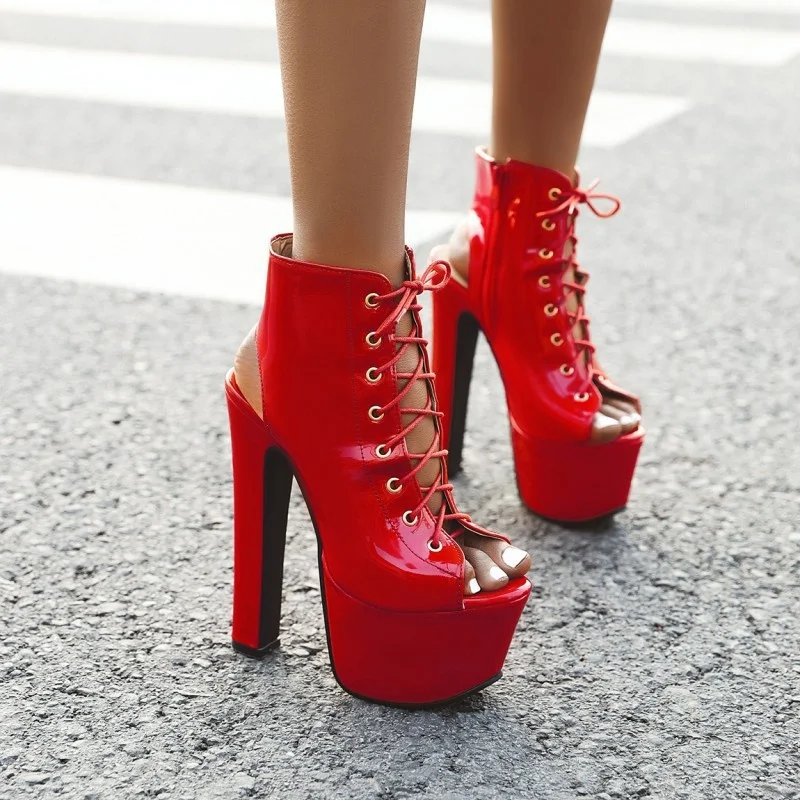 

Spring and summer new thick heel fish beak red patent leather cool boots snake short boots large women's shoes size 45
