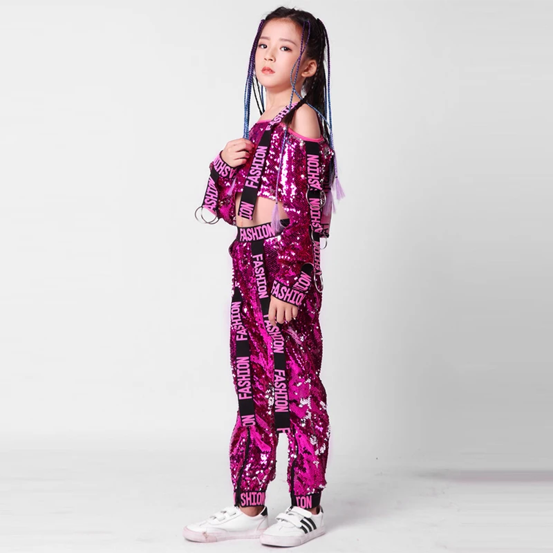 

Tie Kids Dance Costumes Sequin Jazz Hip Hop Performance Costumes Set For Children Contemporary Dancing Costume for Girls 160cm