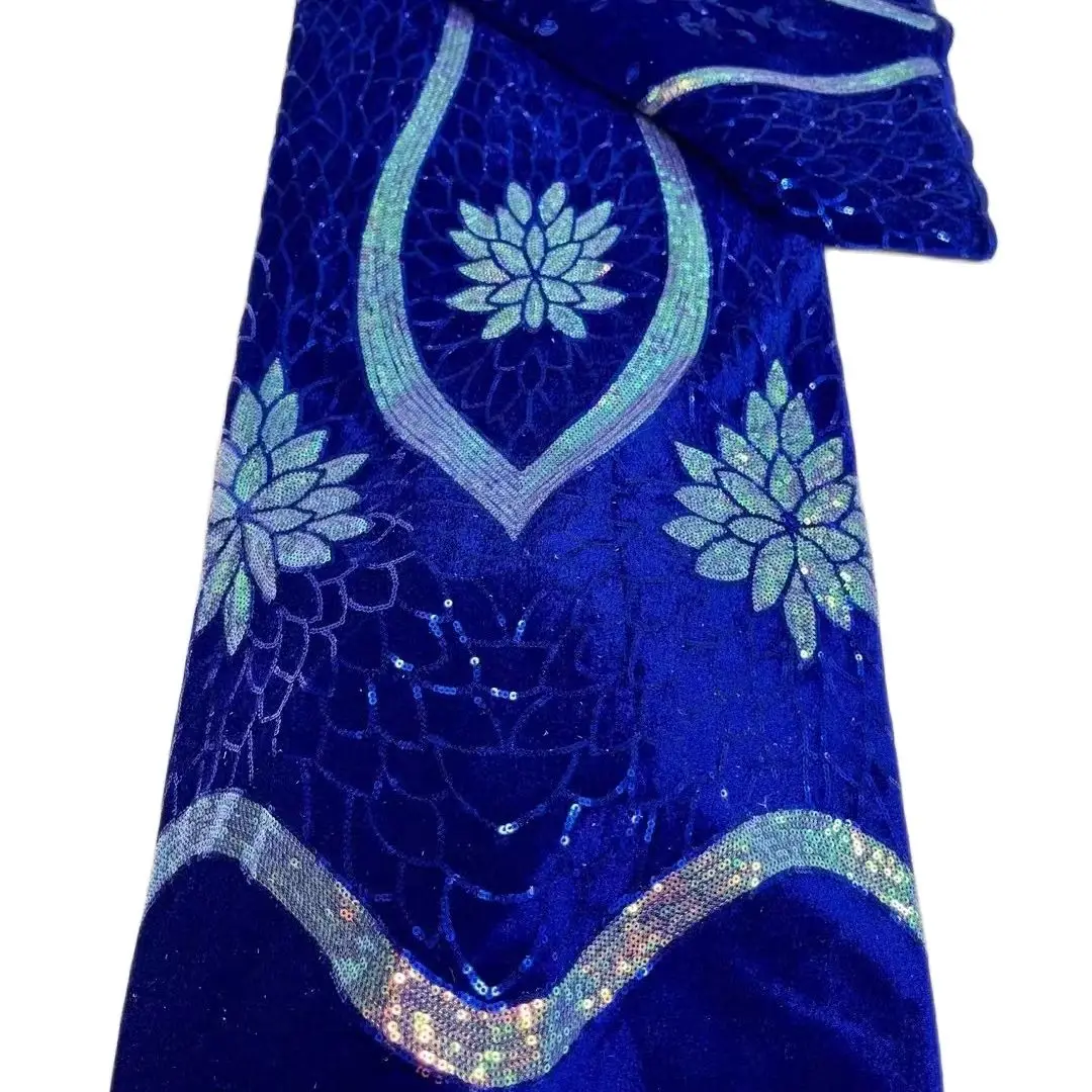 

African Velvet Sequin Lace Fabric Royal Blue Glitter Fashion Embroider Quality Nigerian 5yards for Wedding Party Women Dress