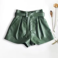 2022 new sheepskin leather shorts women shorts all match sashes wide leg short ladies sexy leather shorts autumn winter