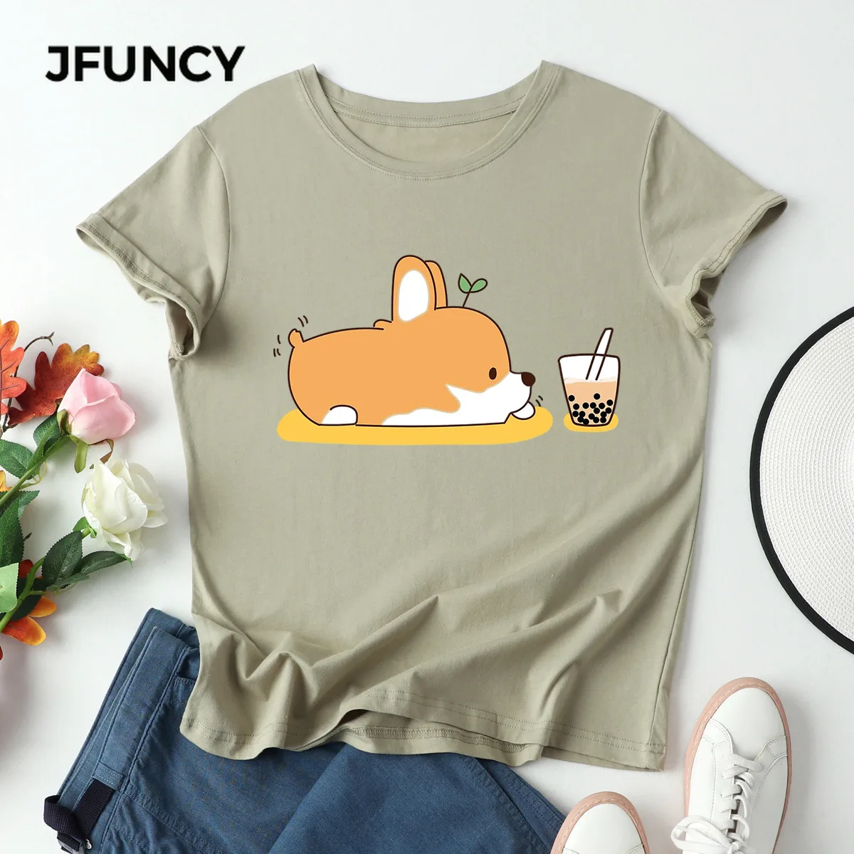JFUNCY размера плюс женские футболки 100% хлопок топы Harajuku мультяшная собака футболка