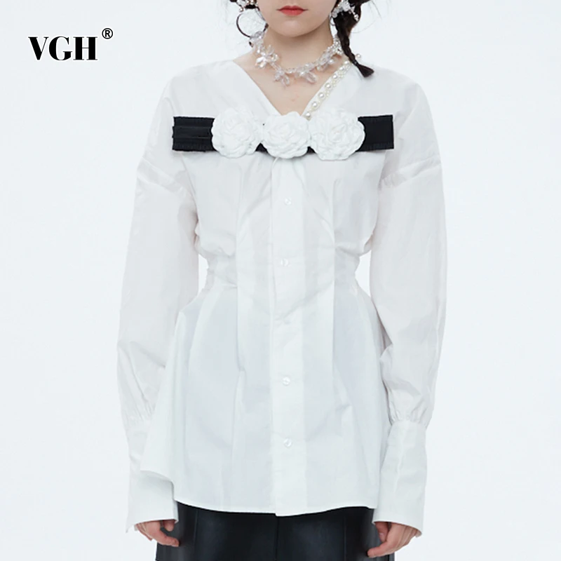

VGH Casual Shirts For Women Patchwork Appliques Floral Colorblock Button-Down Slim Back Cut Out Blouses Female 2021 Autumn New
