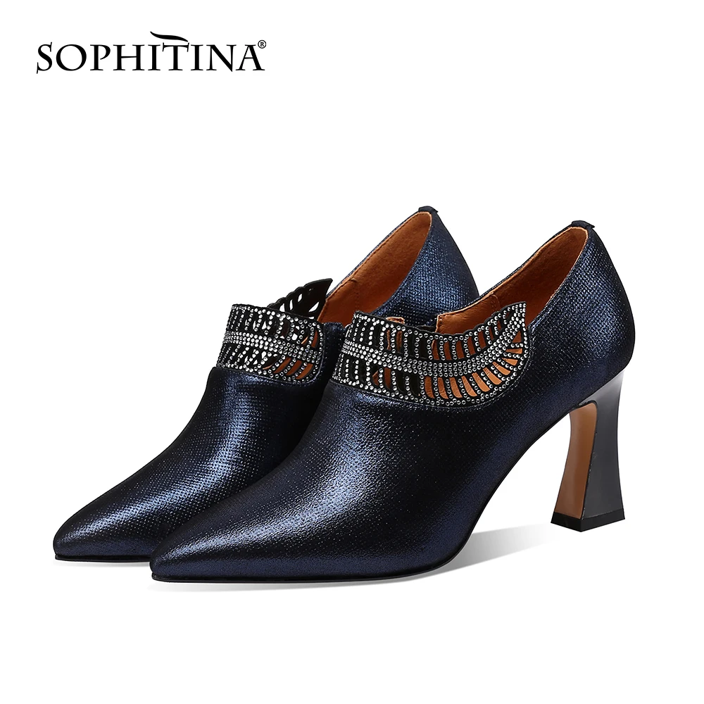 

Женские туфли-лодочки SOPHITINA из натуральной кожи с острым носком, на высоком тонком каблуке, зрелый стиль, украшение Vrystal, Офисная Женская обу...