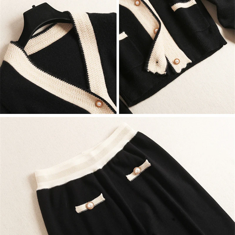 

Europe Fashion Runway Women Set 2019 New Designers Autumn Winter Color Block Knit Cardigan Sweater and Pants 2Piece Sets