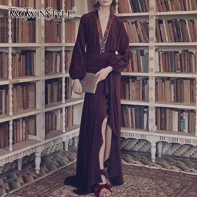 TWOTWINSTYLE Сексуальное Лоскутное Платье С Блестками женское V образным вырезом