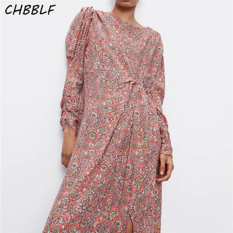 CHBBLF женское стильное платье макси с принтом длинным рукавом плиссированный
