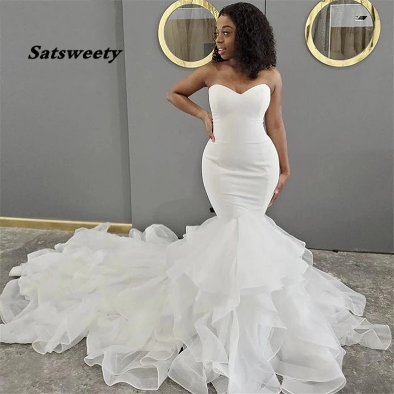 

Wedding Dresses Mermaid Sweetheart Sleeveless Tulle Ruffle Wedding Dresses With Lace Up Back Bridal Gowns vestido de noiva