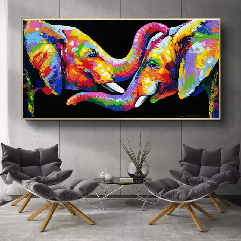

Colorful Elephant Oil Paintings on Canvas Wall Art Posters and Prints Couple Elephants Cuadros Pictures for Living Room Decor