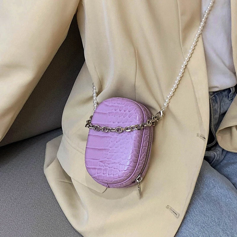 Мини-сумки через плечо с крокодиловым узором и жемчужной цепочкой для женщин 2020