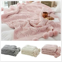 knitted blanket with fur ball sofa throw blanket pink beige cotton pompom baby blankets crochet blankets bed sofa cover carpet