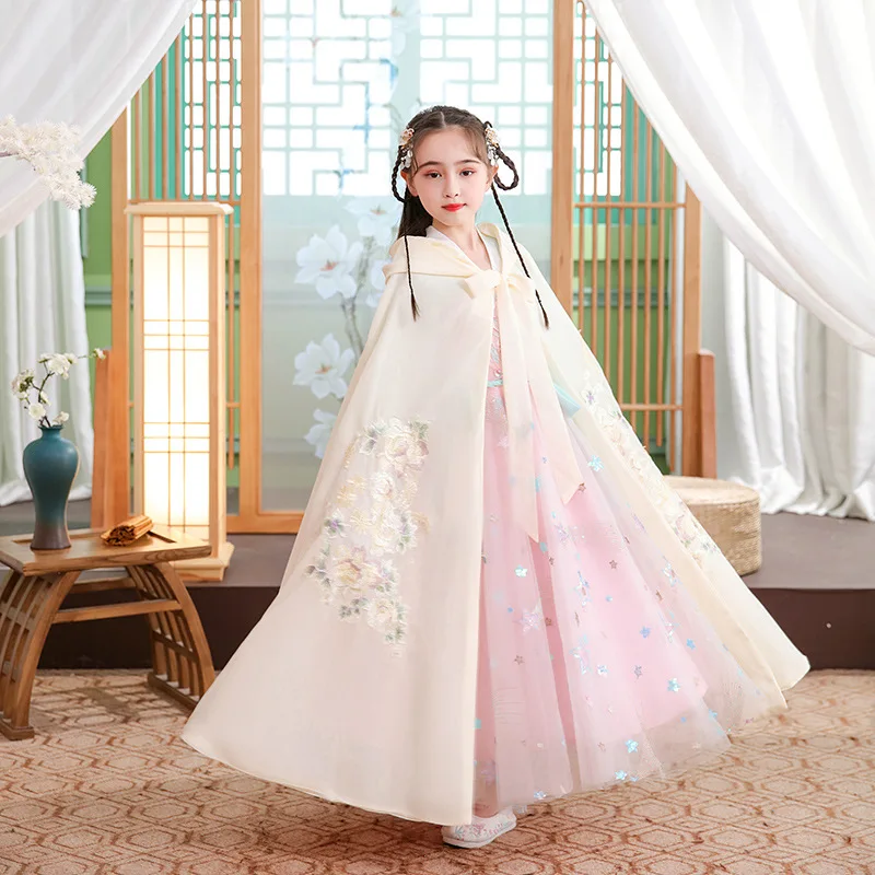 Girl's Hanfu Cape Autumn New Thin Embroidery Long Cloak Chinese Children Ancient Style Mantle Kids New Year's Wear Cosplay
