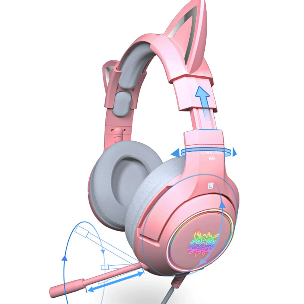 Satin Al RGB Oyun 7.1 Stereo Kulaklıklar Pembe Kulaklık çıkarılabilir Kedi Kulak Kablolu USB Mic Ile Gürültü Azaltma Için PS4/Xbox Kulaklık