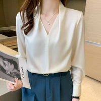 women tops and blouse 2021 elegantes satin v neck shirt womens long sleeves top solid femininas blusas mujer dropshipping 1099