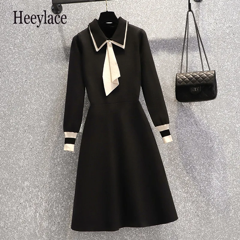 

Plus Size Office Ladies Elegant Sweater Dresses Fashion Women Beaded Bow Striped Long Sleeve Knitted Dress Female Vestidos 4XL