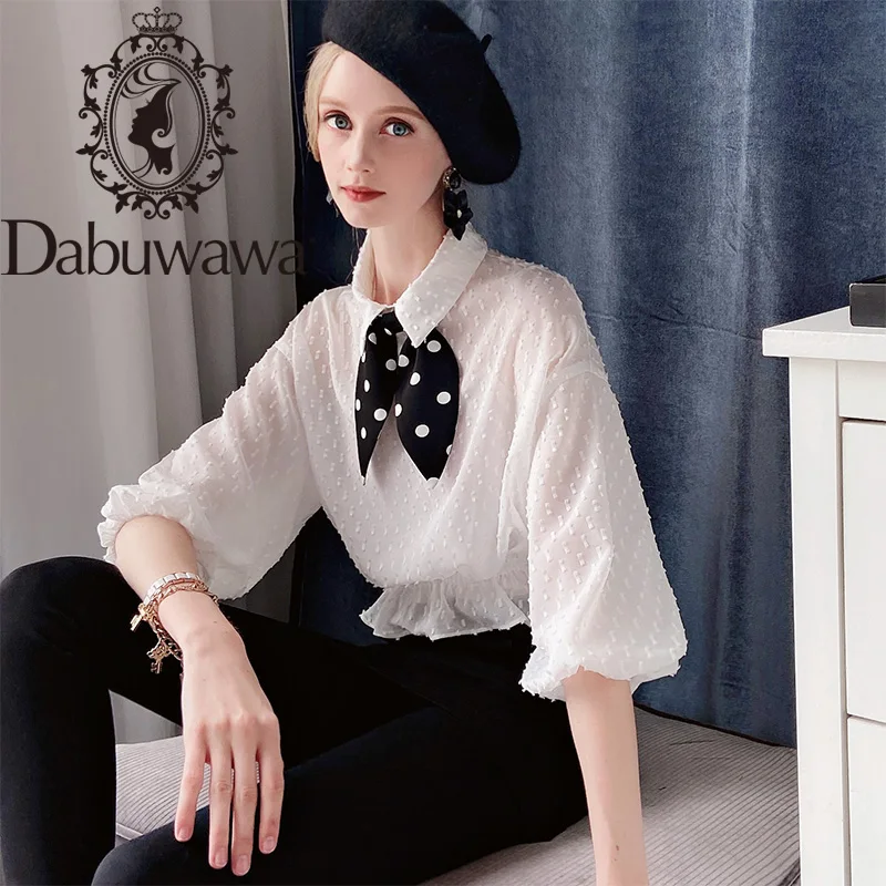 

Dabuwawa Sweet Bow Chiffon Two Pieces Blouse Women Turn-down Collar Lantern Sleeve Blouses Shirts Tops Office Lady DT1CCF002