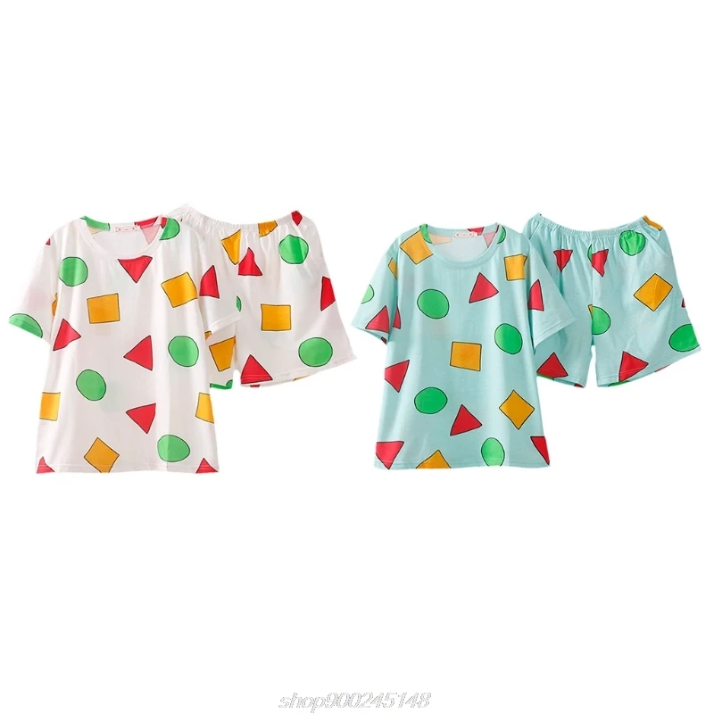 

Summer 2pcs Pajamas Set Short Sleeve Crew Neck Pullover Sleepwear Colorful Geometry Pattern Loose Lounge J12 21 Dropship