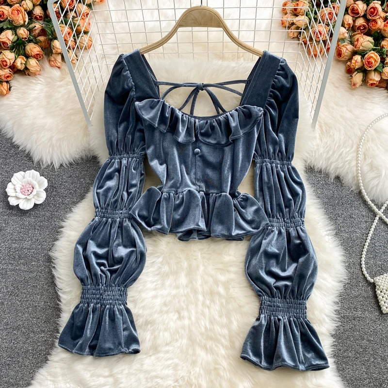 

Spring Fall Women Ruffled Flare Fulll Sleeve White Black Blue Velvet Top Shirt , Woman Slim Vintage Velour Tops Blouse Shirts