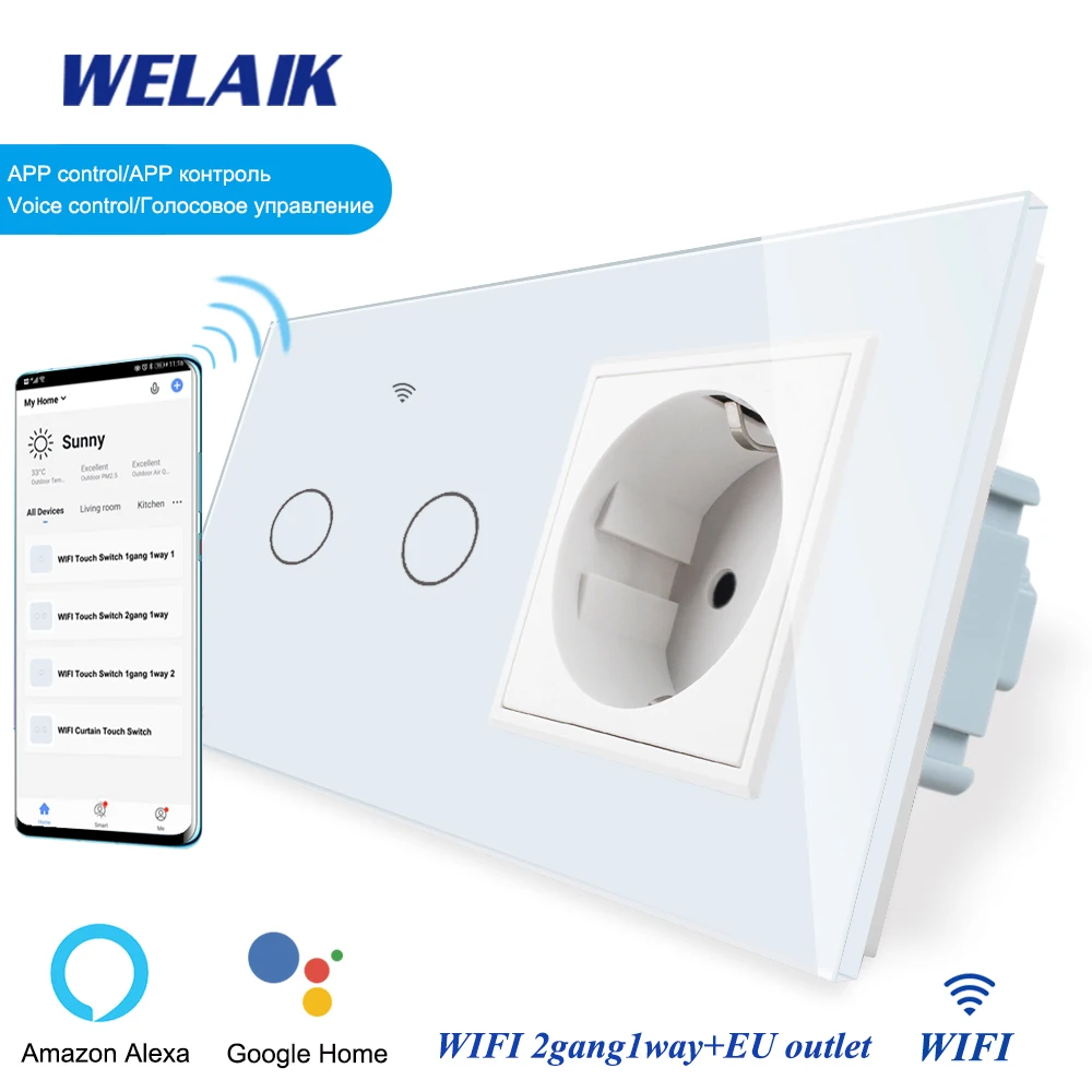 WELAIK1 ЕС WIFI смарт жизнь 2 рамки 2ганг1way + розетка переключатель кристалл стеклянная