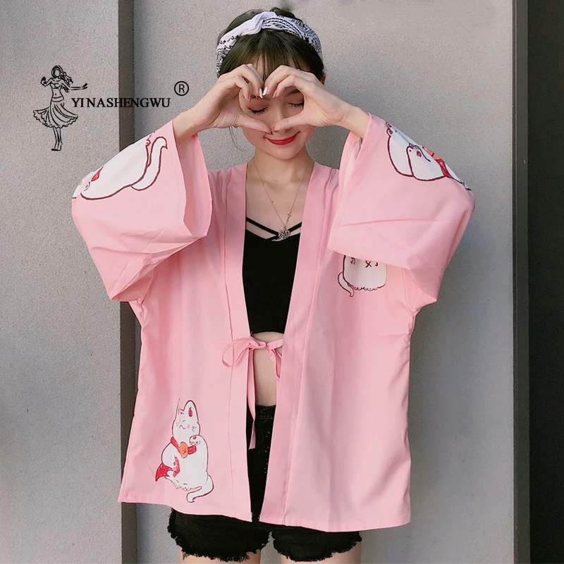 Japan Kimono Lucky Cat Printed Cardigan Cosplay Female Loose Dragon Tops Casual Coat Yukata Women Asian Clothing New | Тематическая
