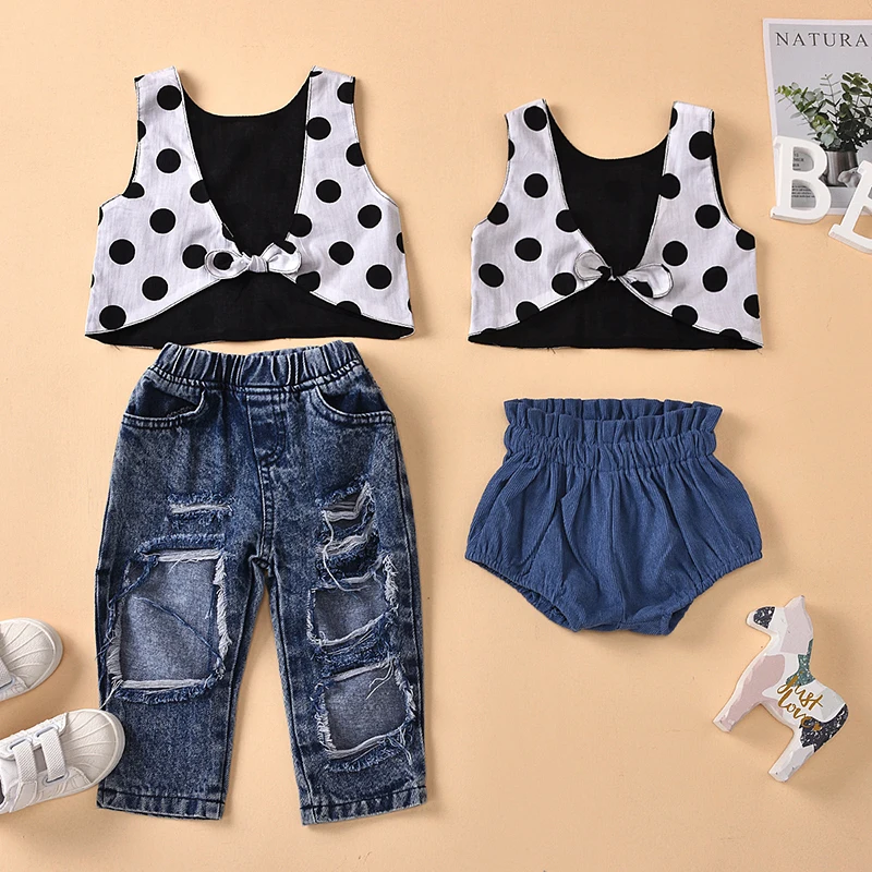 

2020 TALLOLY new children's clothing polka dot print back knotted European and American style ripped jeans kids suit