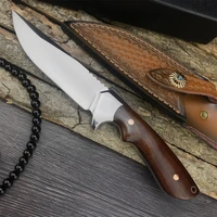 59 60hrc dc53 blade wood handle straight knife carved leather case outdoor edc hunting fixed blade knife self defense multi tool