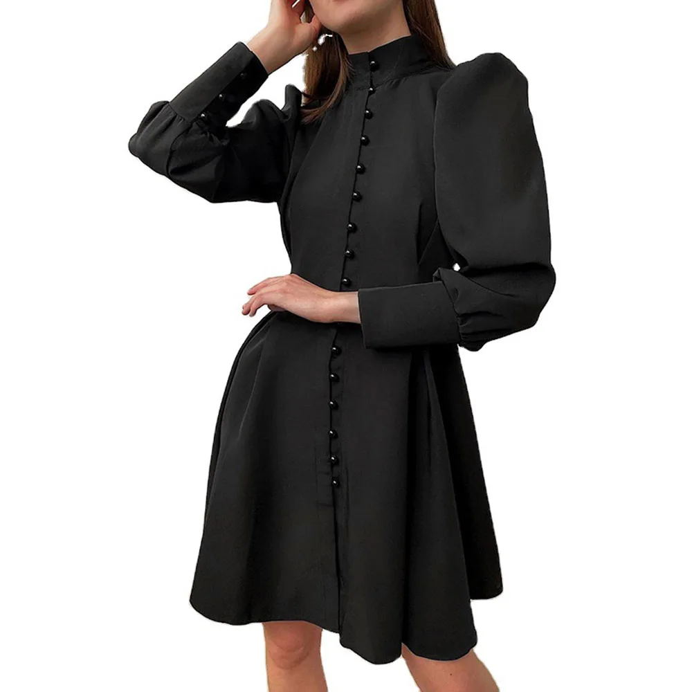 

Chic Dress Women Black Fashion Long Sleeve Office Dresses Sweet French Retro Stand Collar Ladies Elegant OL Dresses Minimalist