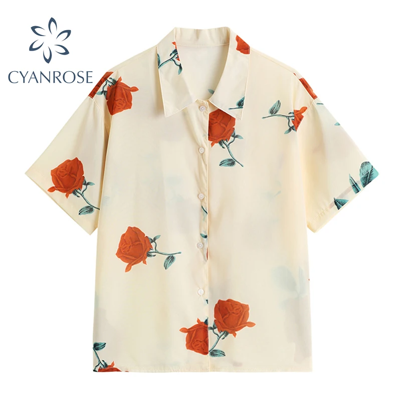 

Vintage Floral Print Blouse Women 2021 Summer Spring Cardigan Short Sleeve Retro Shirt Female Streetwear Holiday Leisure Blusas