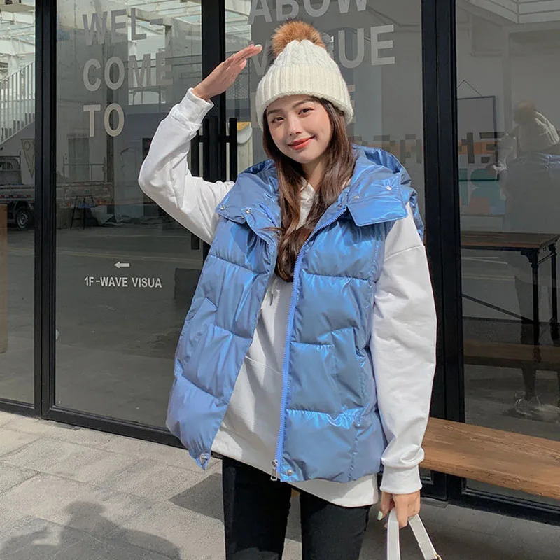 

2021 Autumn And Winter Cotton Vest Female Loose Fashion Shiny Thickened Short Bread Coat Hooded Women's Sleeveless Jacket