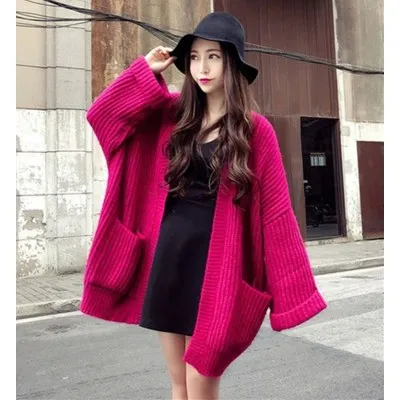 

Elegant Sweater Women 2020 Autumn Rose Red Oversized Knitwear Cardigan Femme Casual Pocket Coat