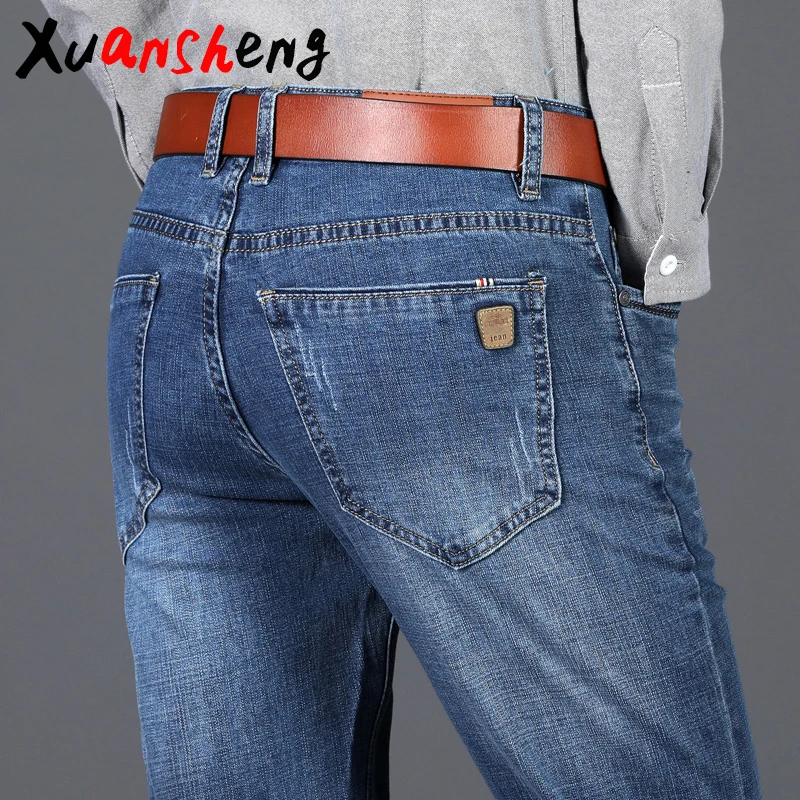 Мужские прямые джинсы XuanSheng модные классические голубые со следами уличная