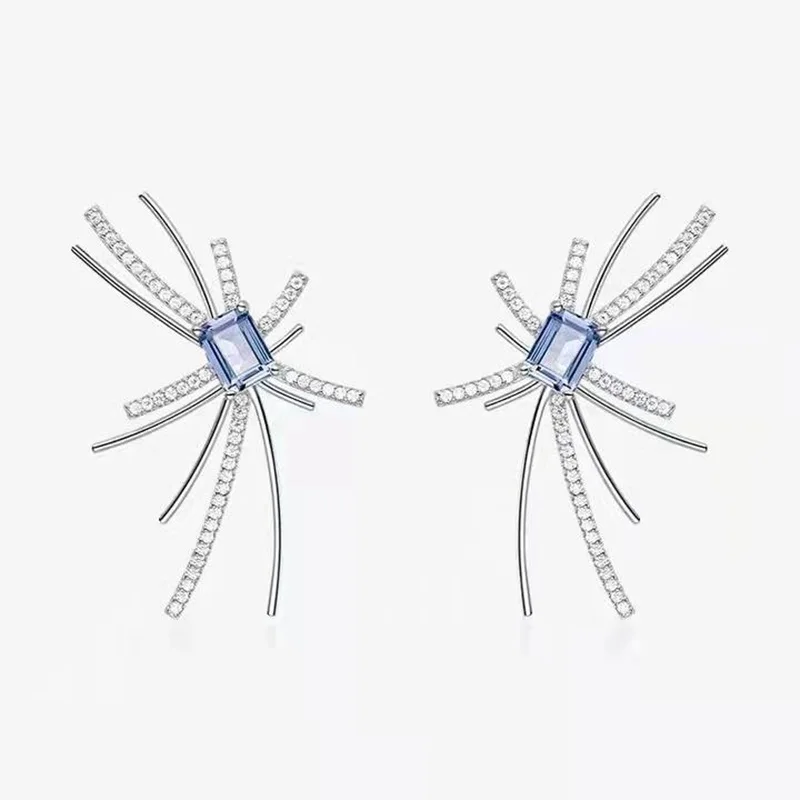 

100% 925 Sterling Silver Flower Stud Earring Square Paraiba Blue Zircon Stone Snowflake Earring Jewelry For Women Wedding Party