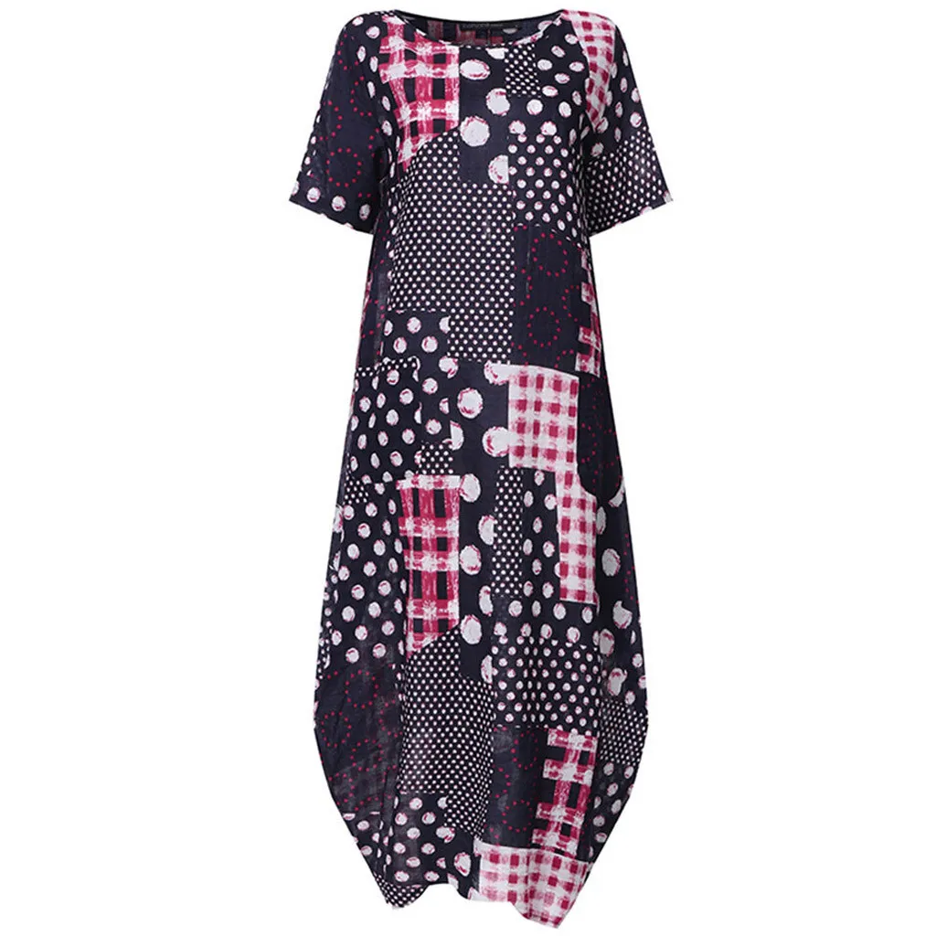 Woman Dress Summer O-neck Short Sleeve Print Casual Loose Maxi Flowy Comfy Robe Ete Femme Dresses For Women Dames Jurken | Женская