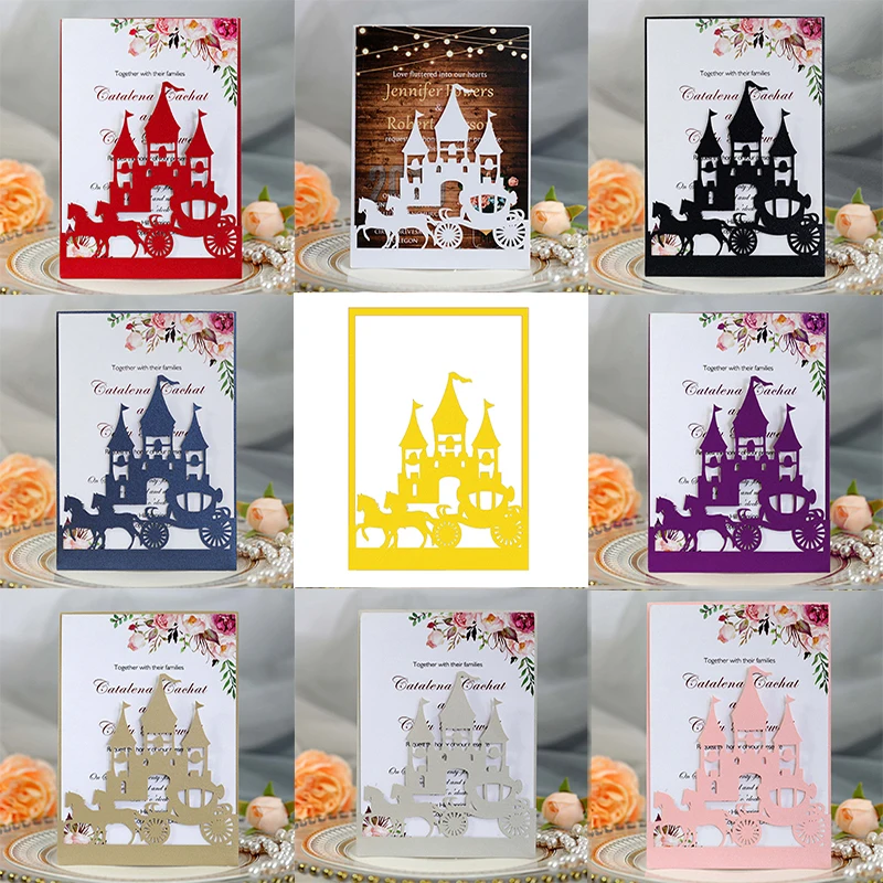 

25Pcs Carriage Castle Wedding Invitations With Pearl Paper Laser Cut Invitation Greeting Cards Baby Shower Thank You Card