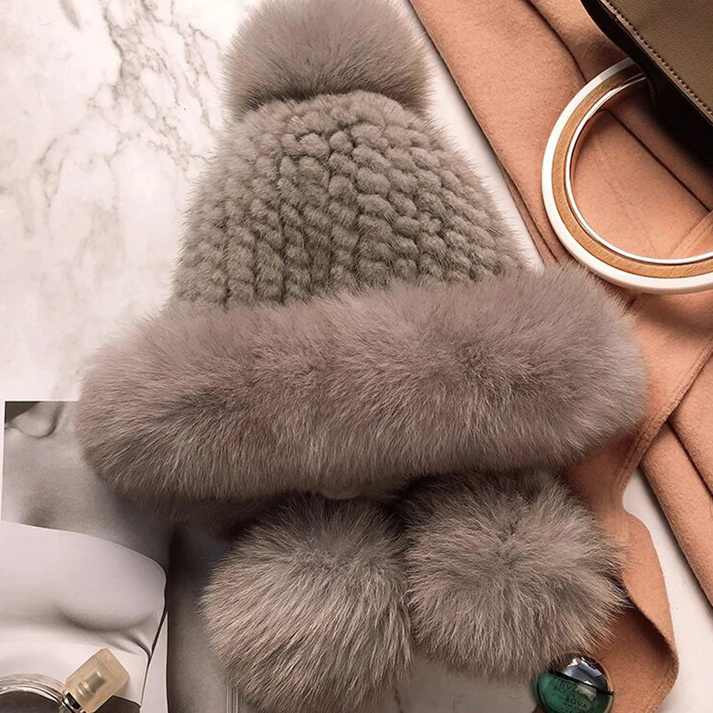 Лидер продаж Зимняя женская вязаная натуральная помпоны из лисьего меха шапка